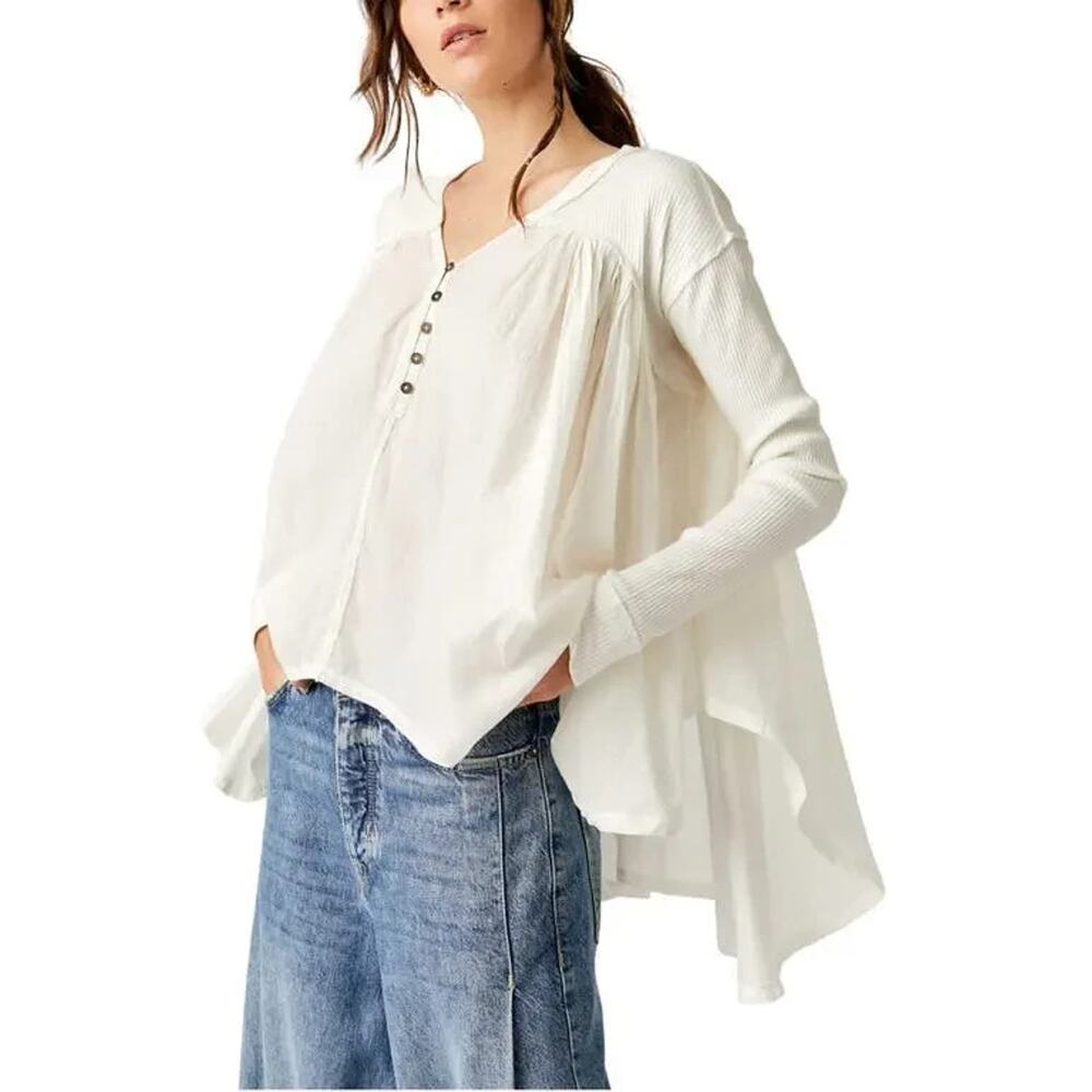 We The Free Free People Flowy Lyrical Slouchy Tunic Top Ivory Small - Picture 2 of 14